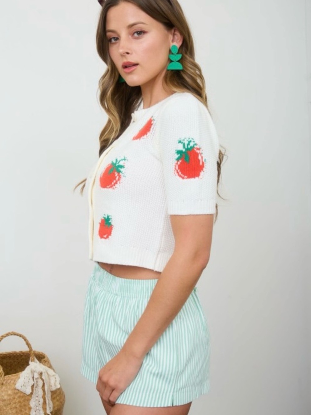White Cropped Cardigan with Red Tomato Motif - Picture 2 of 10